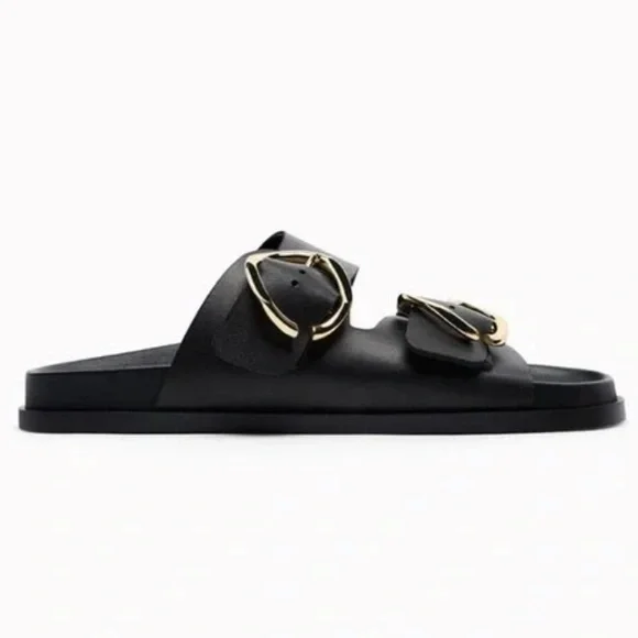 Zara Buckled Flat Leather Black Sandals Woman’s Size 9 - Picture 5 of 10